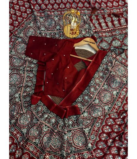 DB574 Beautiful Soft Moss Satin Ajrakh Printed Mirror Work Celebrity Inspired Sarees.(Blouse Unstitched)