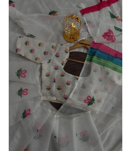 DB590  Beautiful Soft Cotton Linen Elegant Printed Foil Mirror Work Celebrity Inspired Saree.(Blouse Unstitched)