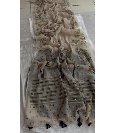 DB621 Beautiful Soft Cotton Lilen Kalamkari Printed Foil Mirror Work Celebrity Inspired Saree.