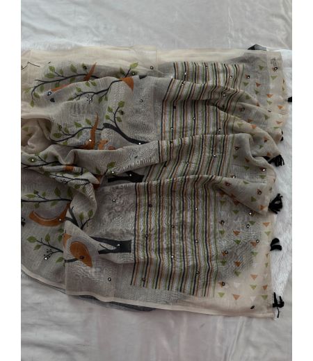 DB621 Beautiful Soft Cotton Lilen Kalamkari Printed Foil Mirror Work Celebrity Inspired Saree.