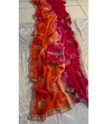 DB632 Soft Sattin Chiffon Multi Sequence Emrodairy Work Celebrity Inspired Saree.