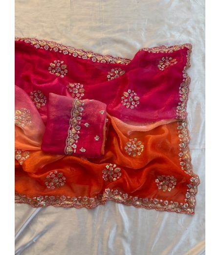 DB632 Soft Sattin Chiffon Multi Sequence Emrodairy Work Celebrity Inspired Saree.