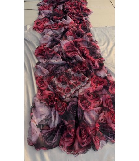 DB629 Beautiful Soft Marshmallow Georgette Silk Floral Digital Printed Siroski Work Celebrity Inspired Saree.