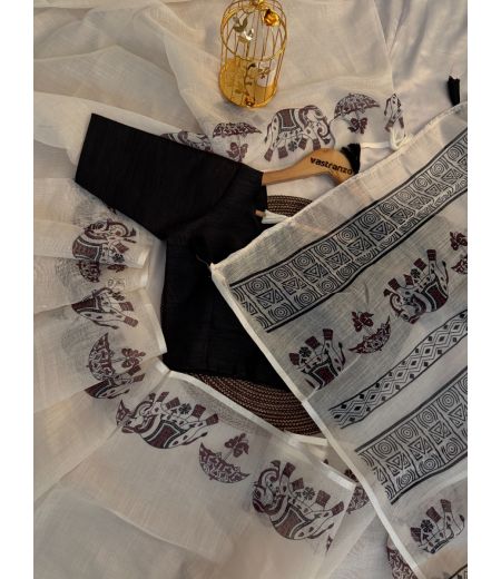 DB654  Beautiful Soft Linen Kalamkari Printed Celebrity Inspired Saree.(Blouse Unstitched)