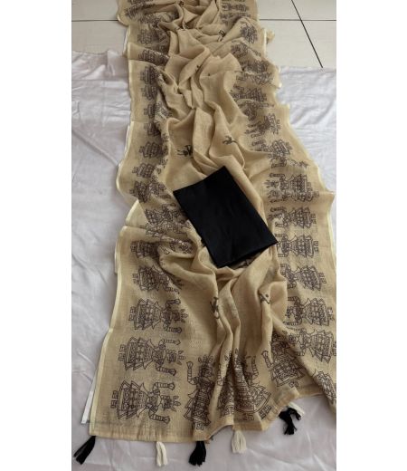 DB636 Beautiful Soft Linen Kalamkari Printed Celebrity Inspired Saree.(Blouse Unstitched)