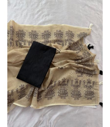 DB636 Beautiful Soft Linen Kalamkari Printed Celebrity Inspired Saree.(Blouse Unstitched)