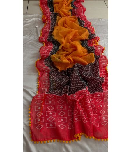 DB633 Beautiful Soft Lilen Cotton Ikkat Printed Celebrity Inspired Saree with Pom Pom Border.