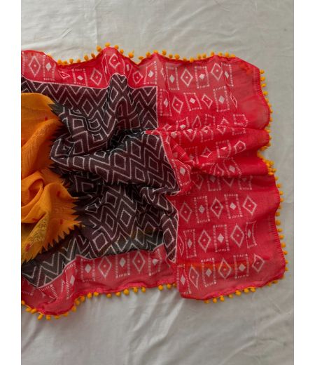 DB633 Beautiful Soft Lilen Cotton Ikkat Printed Celebrity Inspired Saree with Pom Pom Border.