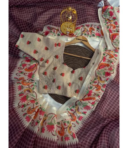 DB287 Beautiful Soft Linen Chex Kalamkari Printed Celebrity Inspired Sarees.(Blouse Unstitched)