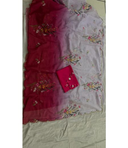 DB647  Beautiful Soft Organza Floral Printed Hand Cutdana Work Celebrity Inspired Saree.