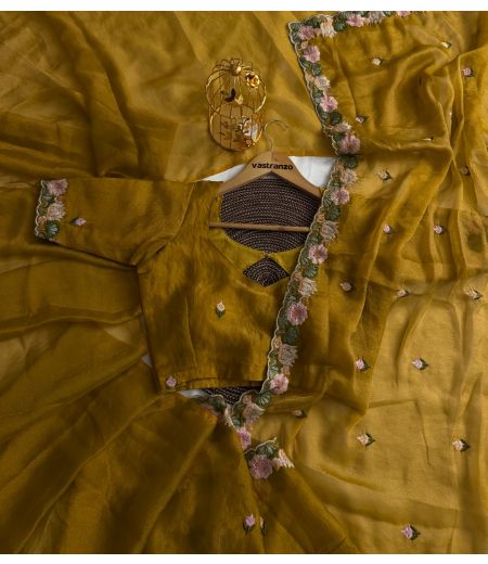 DB290 Beautiful Soft Moss Silk Floral Embroidery Work Celebrity Inspired Saree.(Blouse Unstitched)