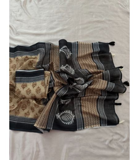 DB656 Beautiful Soft Linen Kalamkari Printed Celebrity Inspired Saree.(Blouse Unstitched)