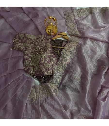 DB672 Beautiful Soft Crystal Crush Tissue Silk Embroidery Work Celebrity Inspired Sarees with Designer Stitched Blouse.