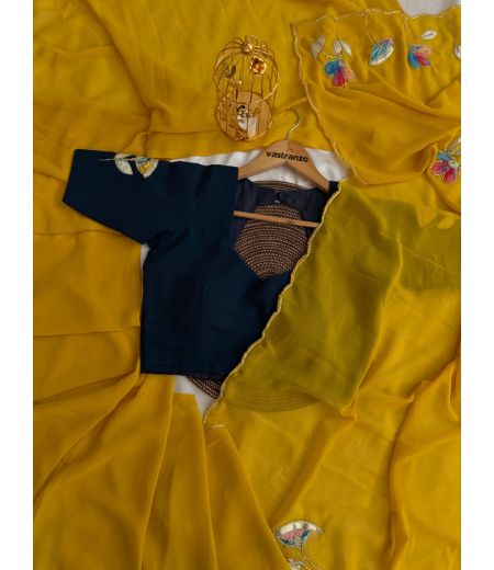 DB312Beautiful Soft Georgette Floral Embroidery Work Celebrity Inspired Sarees.(Blouse Unstitched)