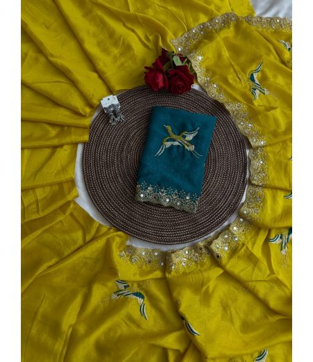 DB673 Beautiful Soft Georgette Mirror Embroidery Work Celebrity Inspired Saree.