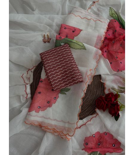 DB679  Beautiful Soft Linen Floral Embroidery Mirror Work Celebrity Inspired Sarees.