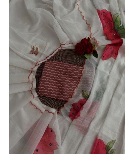 DB679  Beautiful Soft Linen Floral Embroidery Mirror Work Celebrity Inspired Sarees.