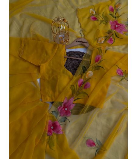 DB294 Beautiful Soft Chiffon Handbrush Painted Handwork Celebrity Inspired Saree.(Blouse Unstitched)