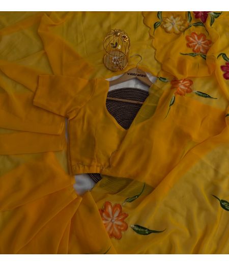 DB302 Beautiful Soft Georgette Handbrush Painted Handwork Celebrity Inspired Saree.(Blouse Unstitched)