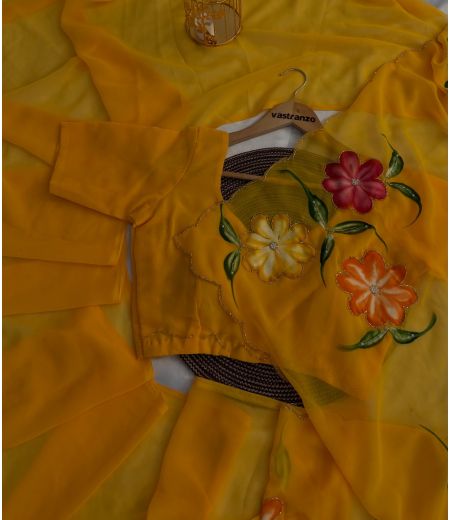 DB302 Beautiful Soft Georgette Handbrush Painted Handwork Celebrity Inspired Saree.(Blouse Unstitched)