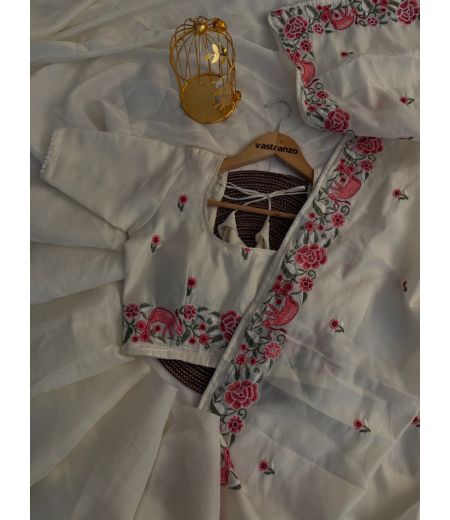 DB314 Beautiful Soft Tussar Silk Embroidery Thread Work Celebrity Inspired Saree.(Blouse Unstitched)