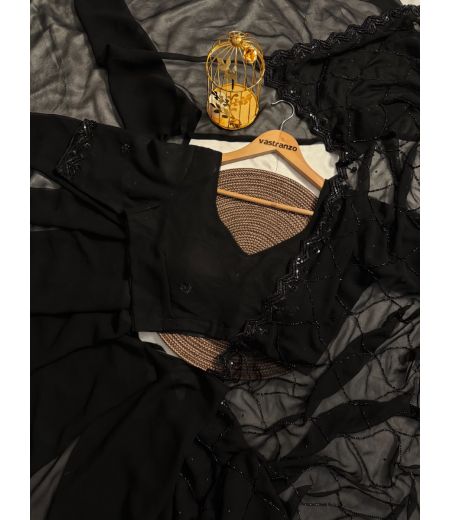 DB310 Beautiful Soft Georgette Black Colour Hand Sequence Cutdana Work Celebrity Inspired Saree.(Blouse Unstitched)