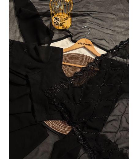 DB310 Beautiful Soft Georgette Black Colour Hand Sequence Cutdana Work Celebrity Inspired Saree.(Blouse Unstitched)