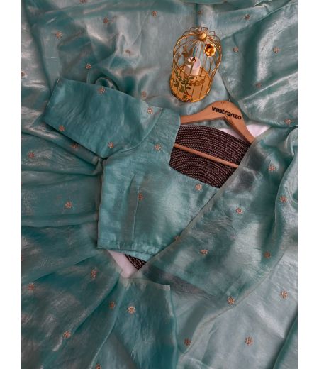 DB330 Beautiful Soft Imported Sattin Silk Embroidery Butti Work Celebrity Inspired Saree.(Blouse Unstitched)