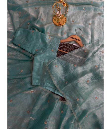 DB330 Beautiful Soft Imported Sattin Silk Embroidery Butti Work Celebrity Inspired Saree.(Blouse Unstitched)