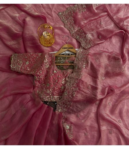 DB329 Beautiful Soft Space Silk Embroidery Work Celebrity Inspired Saree with Designer Stitched Blouse.