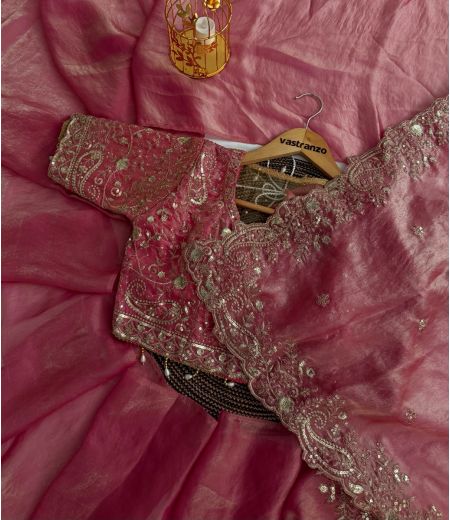 DB329 Beautiful Soft Space Silk Embroidery Work Celebrity Inspired Saree with Designer Stitched Blouse.