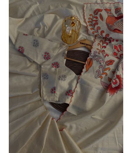 DB450 Beautiful Soft Tussar Silk Kalamkari Printed Embroidery Work Celebrity Inspired Sarees.(Blouse Unstitched)