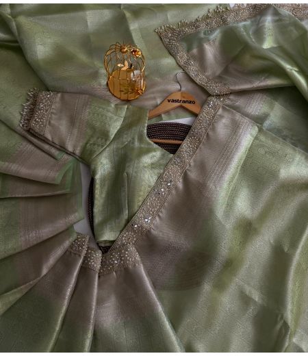 DB331 Beautiful Soft Banarasi Tissue Silk Silver Zari Weaving Saree with Designer Lace Border.