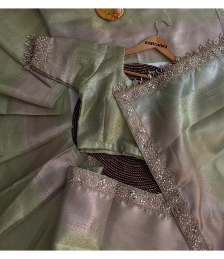 DB331 Beautiful Soft Banarasi Tissue Silk Silver Zari Weaving Saree with Designer Lace Border.