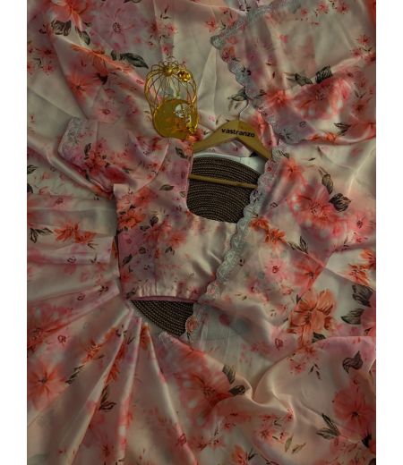 DB452 Beautiful Soft Sattin Georgette Floral Digital Printed Siroski Diamond Work Celebrity Inspired Sarees.(Blouse Unstitched)