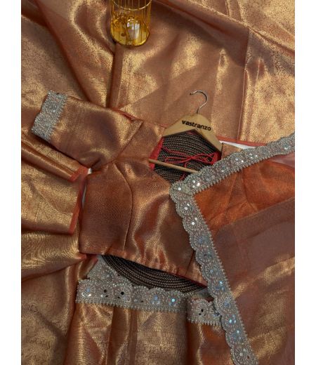 DB353 Beautiful Soft Banarasi Tissue Silk Zari Weaving Celebrity Inspired Saree with Handwork Lace Border.(Blouse Unstitched)