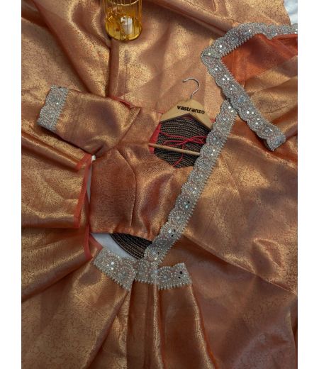 DB353 Beautiful Soft Banarasi Tissue Silk Zari Weaving Celebrity Inspired Saree with Handwork Lace Border.(Blouse Unstitched)