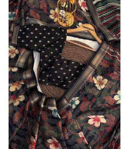 DB369 Beautiful Soft Cotton Flower Printed Zari Weaving Celebrity Inspired Sarees.(Blouse Unstitched)