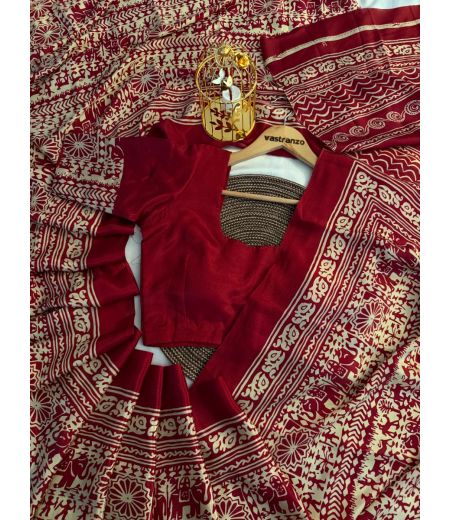 DB363 Beautiful Soft Crape Sartin Silk Ajrakh Printed Celebrity Inspired Sarees.(Blouse Unstitched)