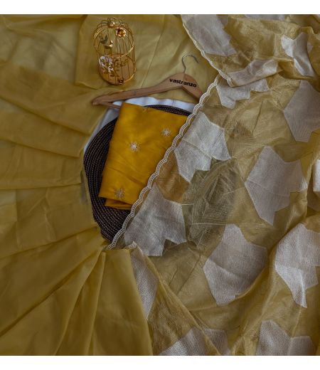 DB381 Beautiful Soft Crystal Tissue Silk Viscose Gold Zari Embroidery Work Celebrity Inspired Sarees.(Blouse Unstitched)