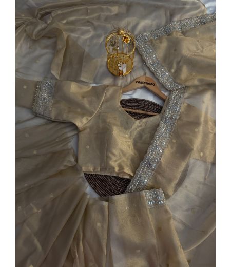 DB391 Beautiful Soft Banarasi Tissue Silk Zari Butti Weaving Saree with Handwork Lace Border.(Blouse Unstitched)