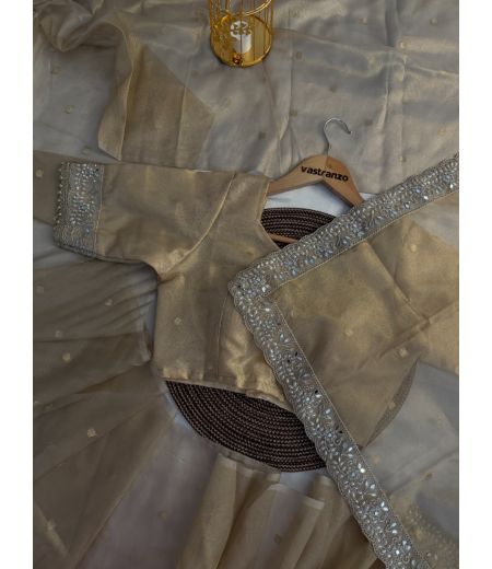 DB391 Beautiful Soft Banarasi Tissue Silk Zari Butti Weaving Saree with Handwork Lace Border.(Blouse Unstitched)