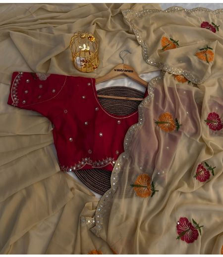 DB396 Beautiful Soft Georgette Embroidary Mirror Work Celebrity Inspired Saree.(Blouse Unstitched)