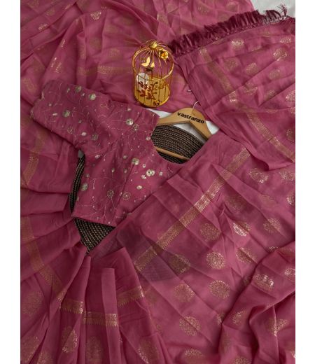 DB427 Beautiful Soft Star Georgette Ramanuj Foil Work Celebrity Inspired Sarees.(Blouse Unstitched)