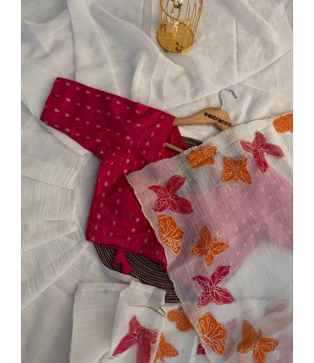 DB455 Beautiful Soft Crunchy Chiffon Handbrush Painted Embroidery Work Celebrity Inspired Saree.(Blouse Unstitched)