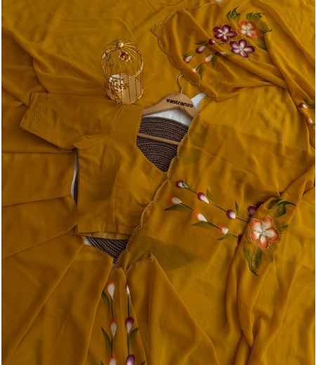 DB469 Beautiful Soft Faux Georgette Hand Brush Painted Handwork Celebrity Inspired Saree.(Blouse Unstitched)