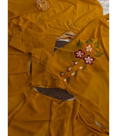 DB469 Beautiful Soft Faux Georgette Hand Brush Painted Handwork Celebrity Inspired Saree.(Blouse Unstitched)