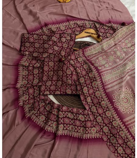 DB492 Beautiful Soft Sattin Silk Ajrakh Printed Celebrity Inspired Sarees.(Blouse Unstitched)