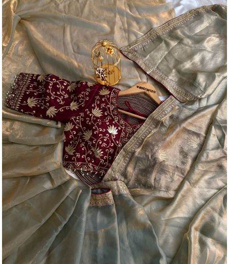 DB491 Beautiful Soft Imported Sattin Silk Celebrity Inspired Saree with Designer Stitched Blouse.