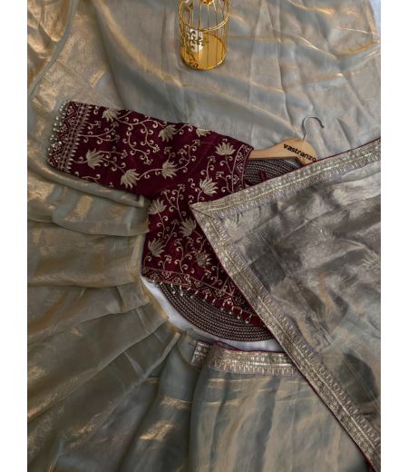 DB491 Beautiful Soft Imported Sattin Silk Celebrity Inspired Saree with Designer Stitched Blouse.